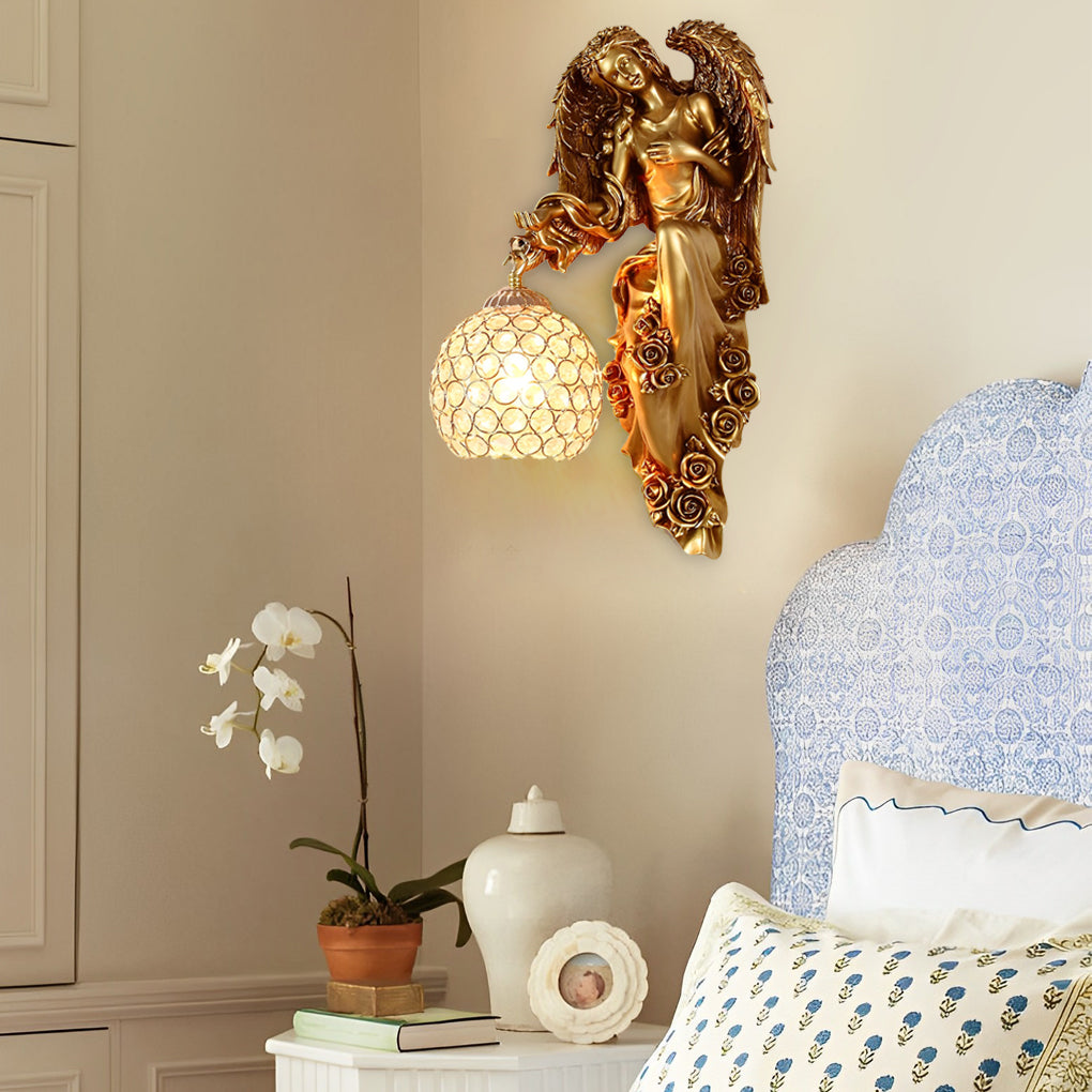 Crystal Angel Wall Sconce - Antique Gold Resin European Design