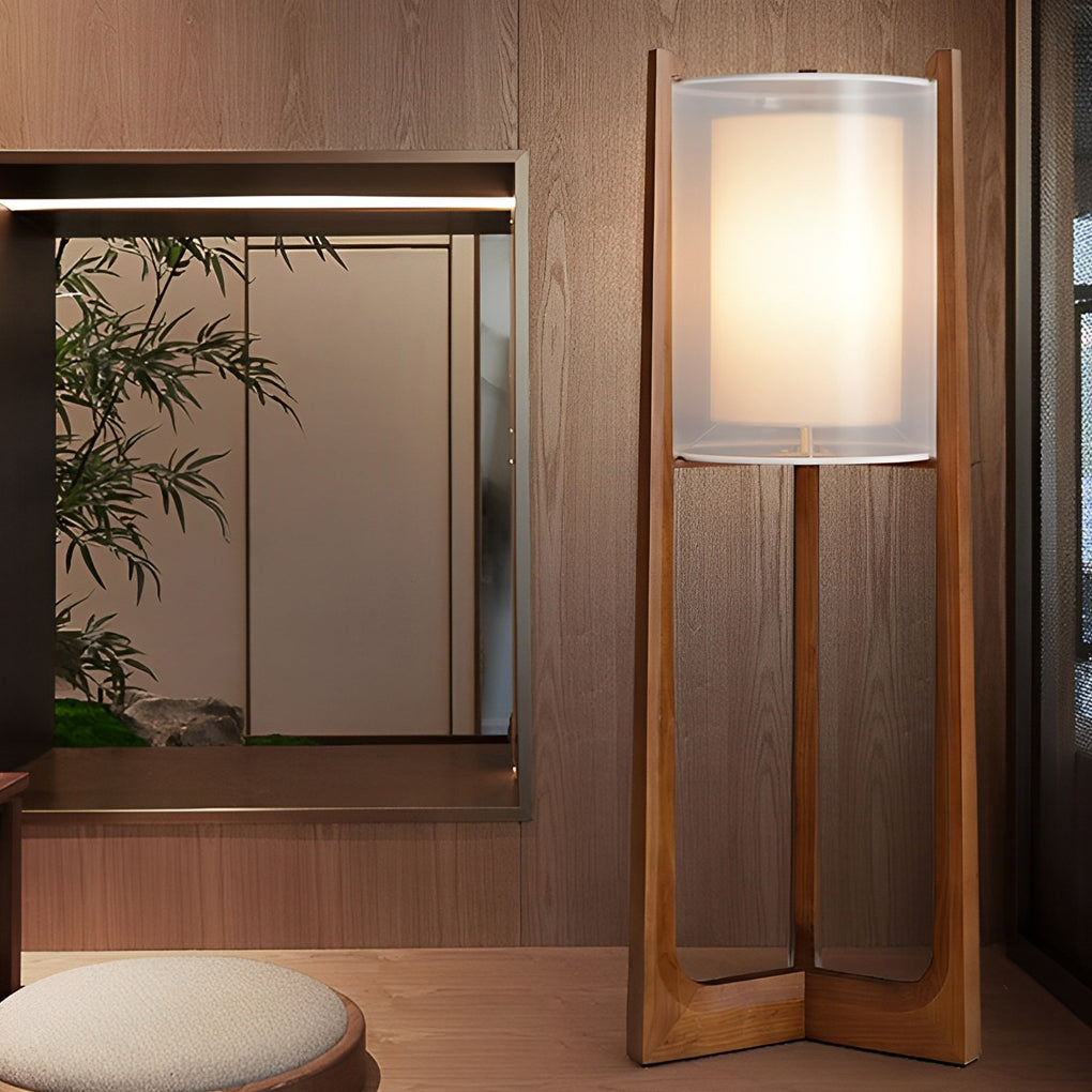 Rustic Wood Triangle Floor Lamp with Double Fabric Shade LED