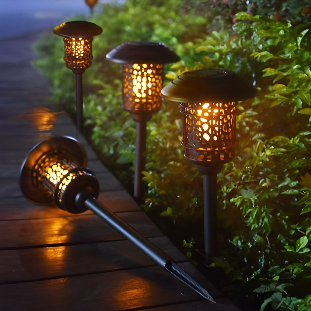 Modern Hollow LED Solar Lawn Light with Flame Flicker Effect