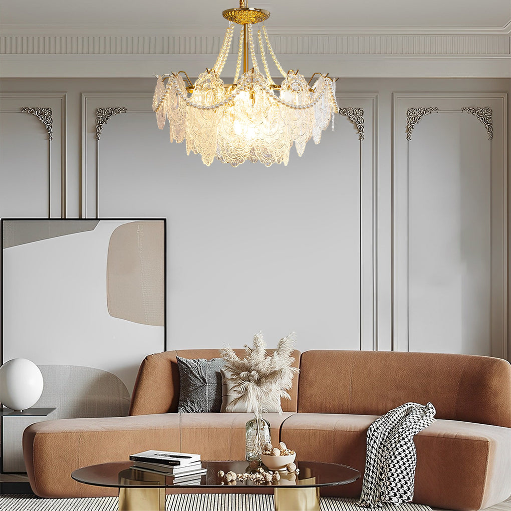 Modern Glass Chandelier with Pearl Accents & 3-Step Dimming