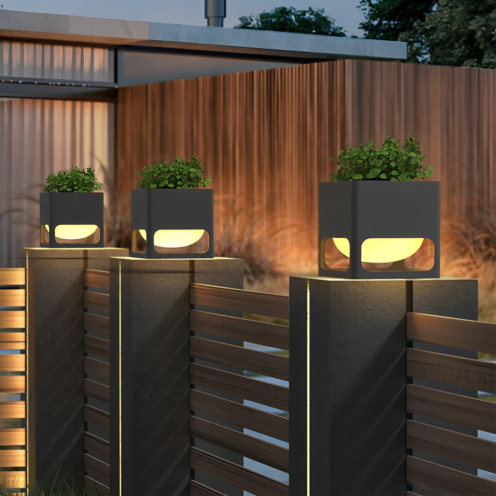 Square Waterproof Planter Post Light Modern Black Outdoor LED