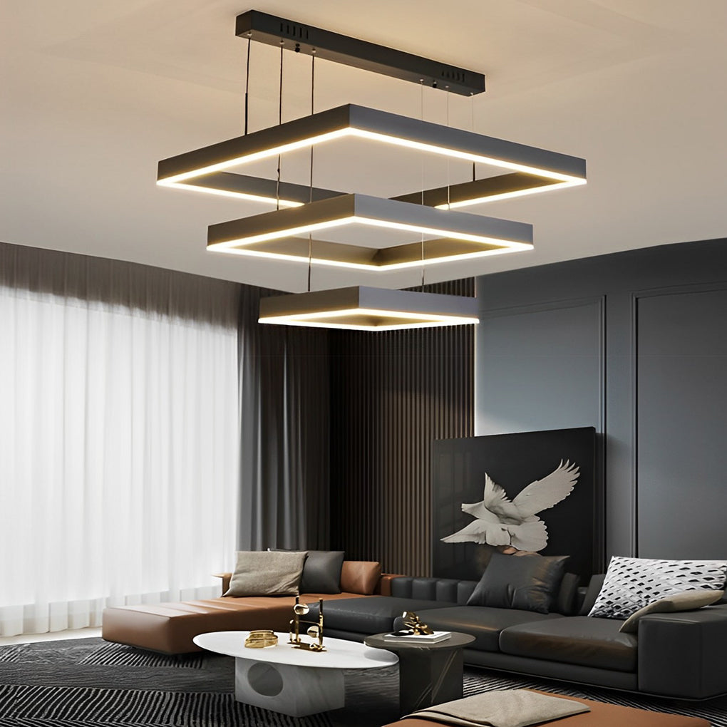 Modern Square LED Chandelier Black Aluminum Dimmable Remote Control