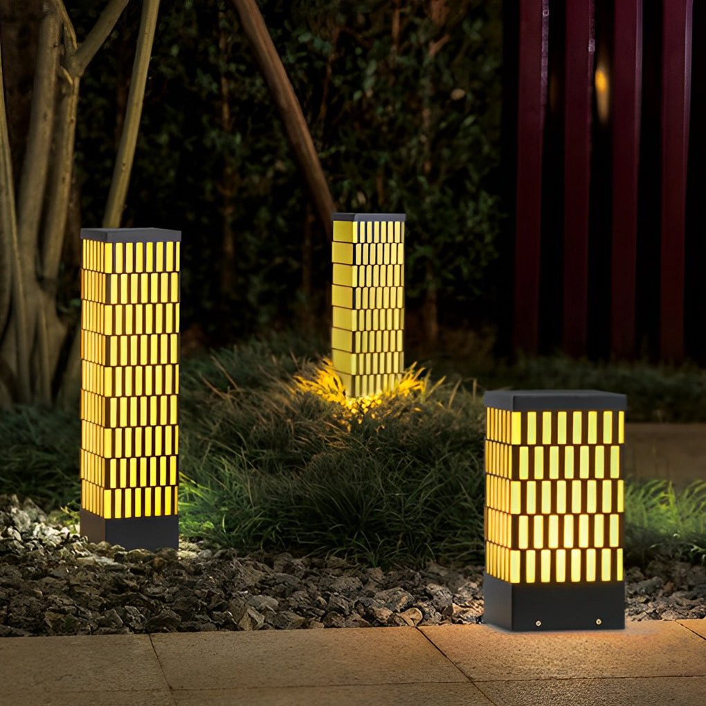 Modern Grid LED Outdoor Bollard Light Black Waterproof Lawn Lamp
