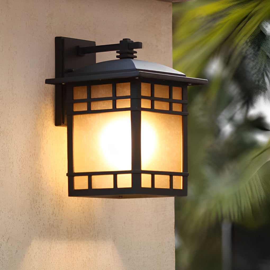 Retro Waterproof Outdoor Wall Light with Yellow Glass Shade