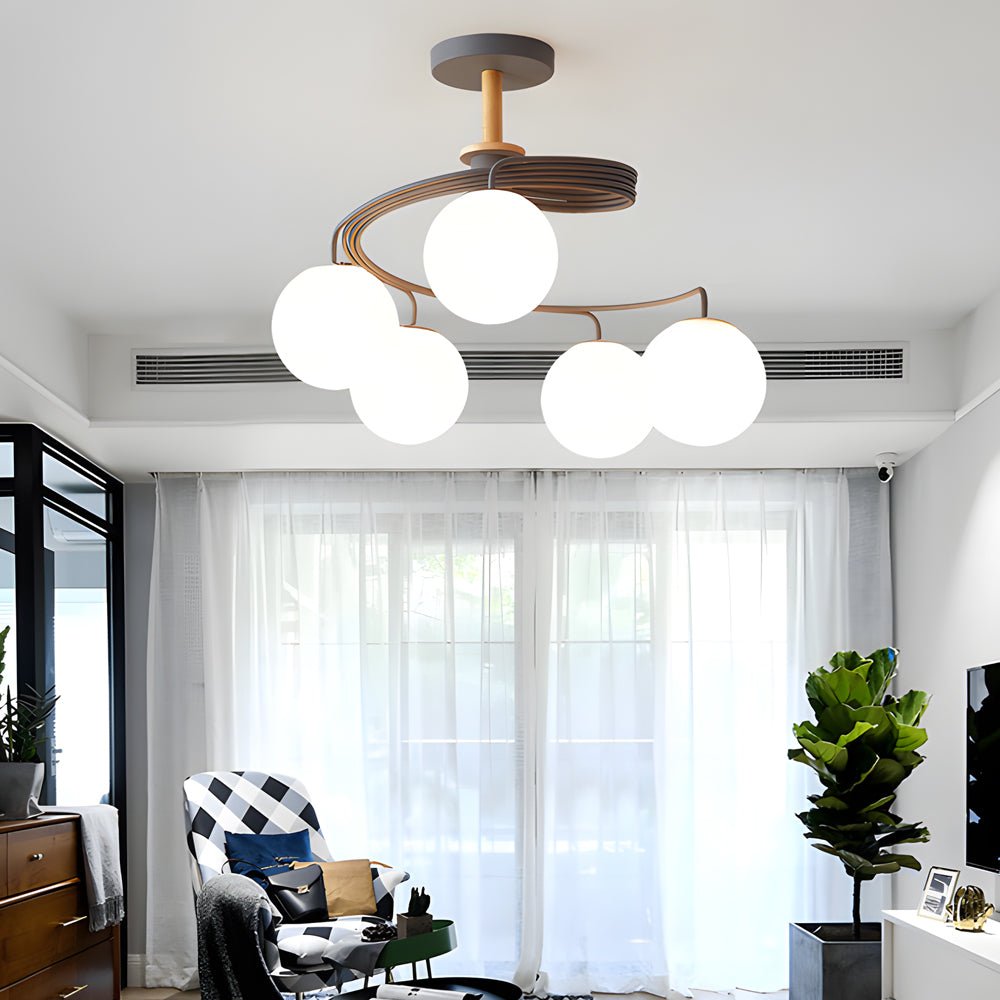 5-Light Glass Globe Spiral Semi-Flush Mount Ceiling Light