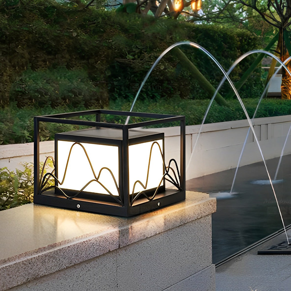 Square Solar Post Cap Light with Mountain Scenery Design