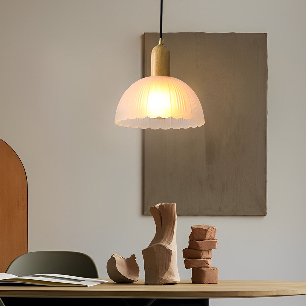Modern Floral Glass & Wood Pendant Light - Nordic Hanging Lamp