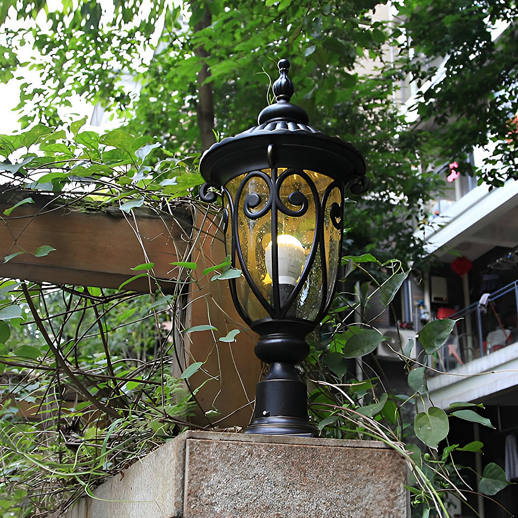 Bubble Glass Outdoor Post Light - Modern Black Aluminum Pillar Lamp