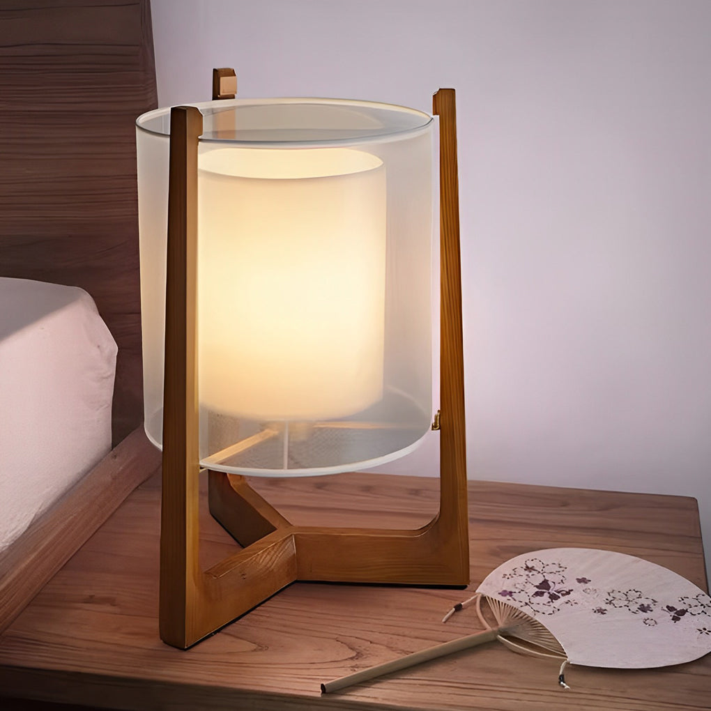 Rustic Wood Triangle Floor Lamp with Double Fabric Shade LED