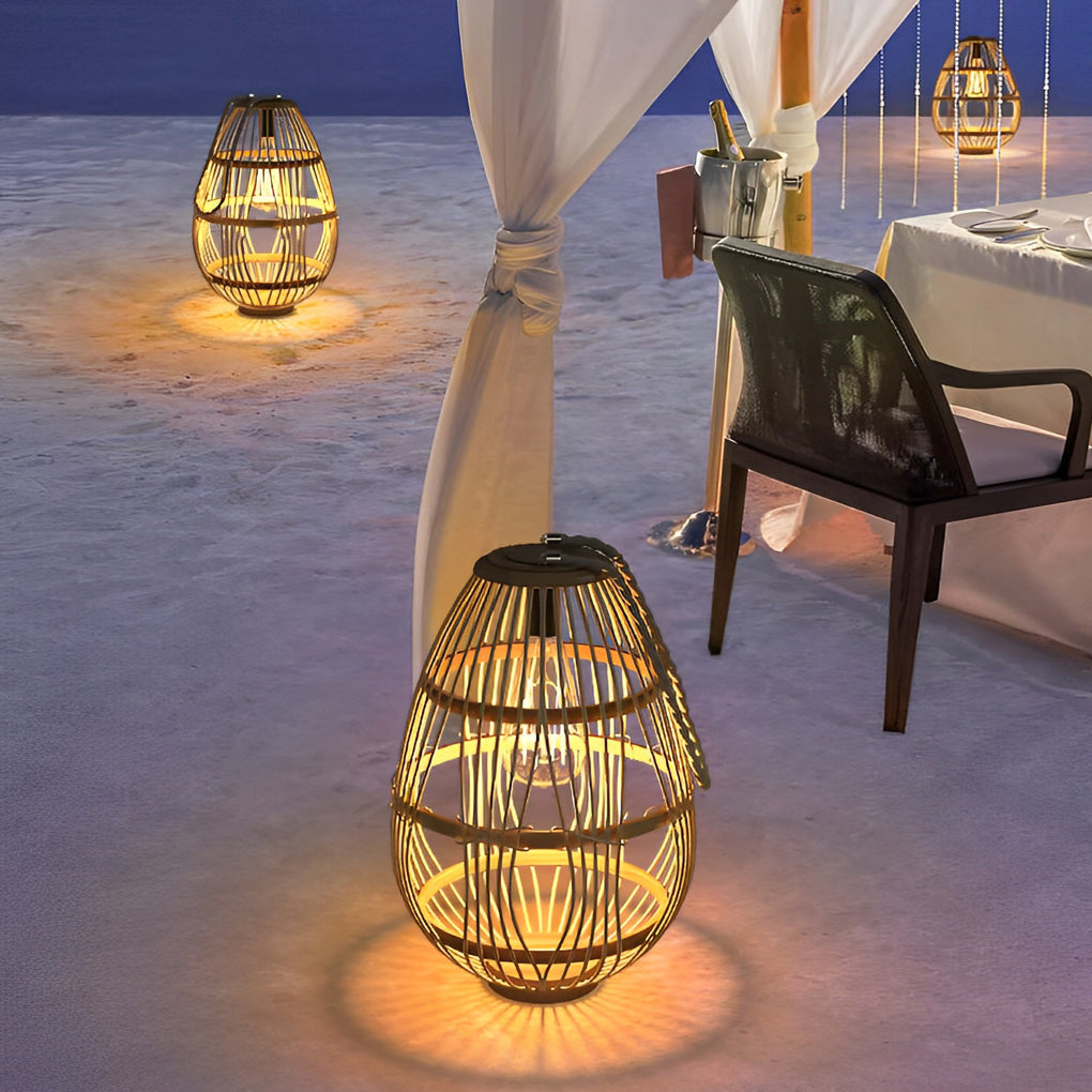 Solar Rattan Wood Portable LED Outdoor Lantern Lamp