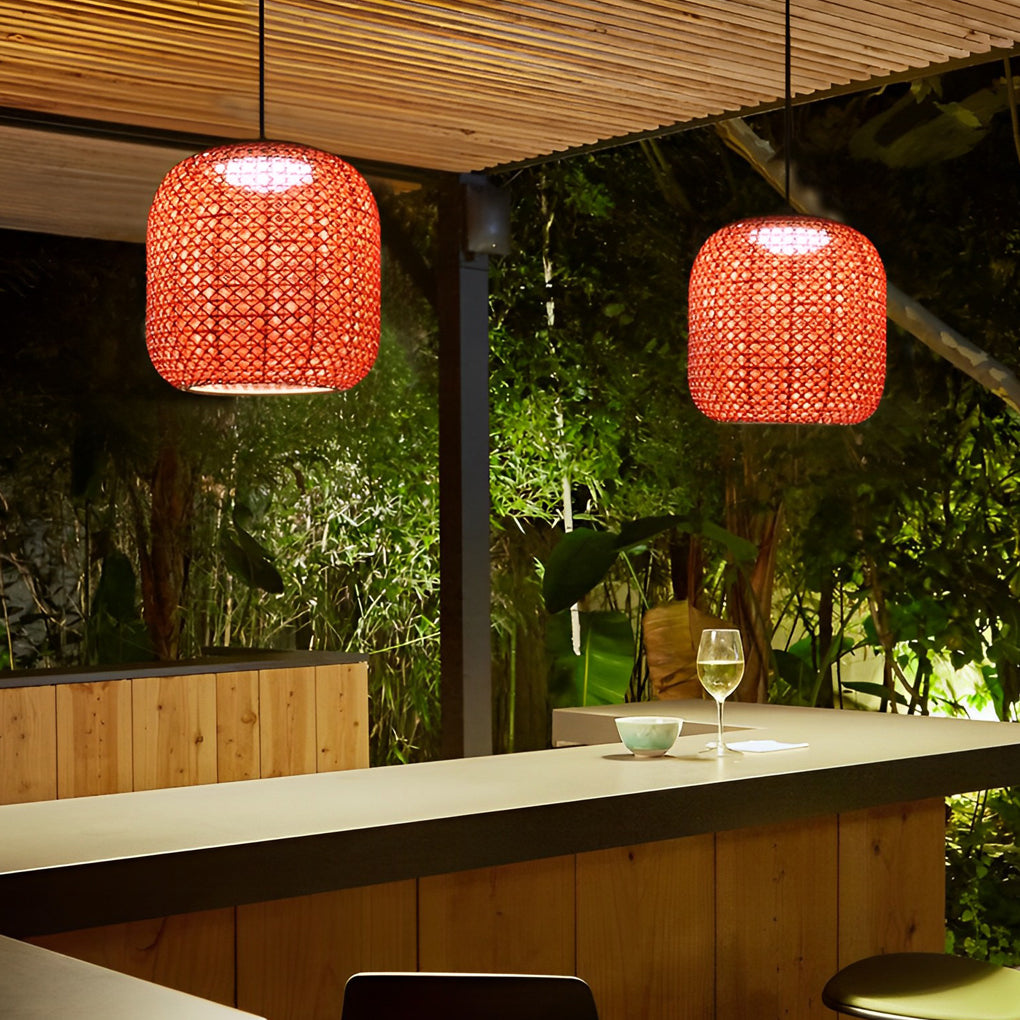 Waterproof LED Rattan Lantern Outdoor Pendant Light - Red