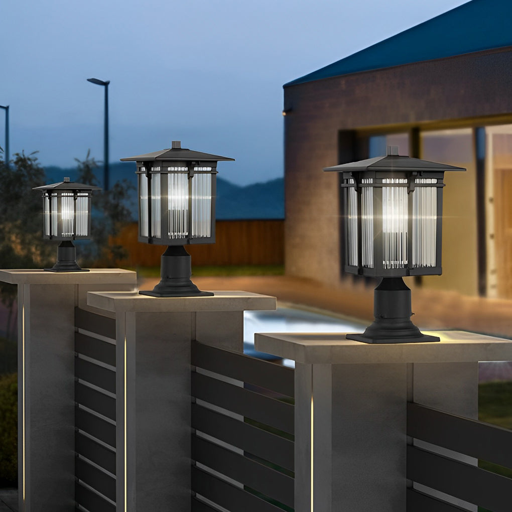Striped Glass Shade Modern Outdoor Post Light Black Aluminum