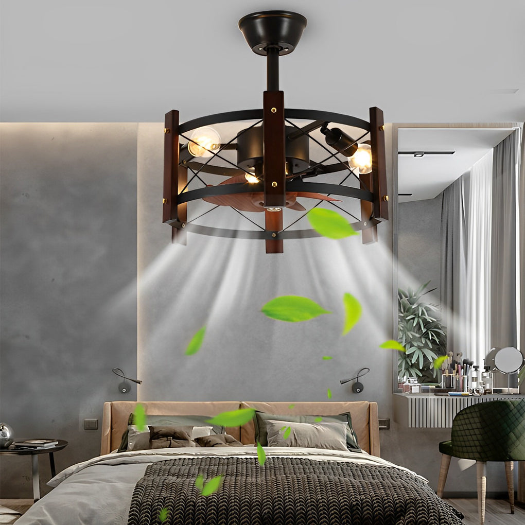 Industrial Caged Ceiling Fan with Light - Black Metal Farmhouse