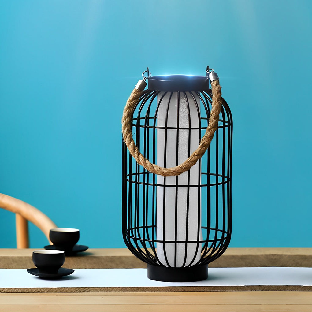 Solar Outdoor Lantern with Hemp Rope Handle - Waterproof LED Light