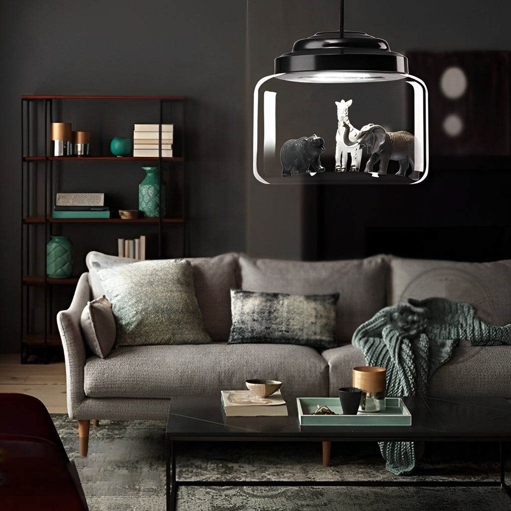 Animal Figurine Glass Jar LED Pendant Light - Modern Black