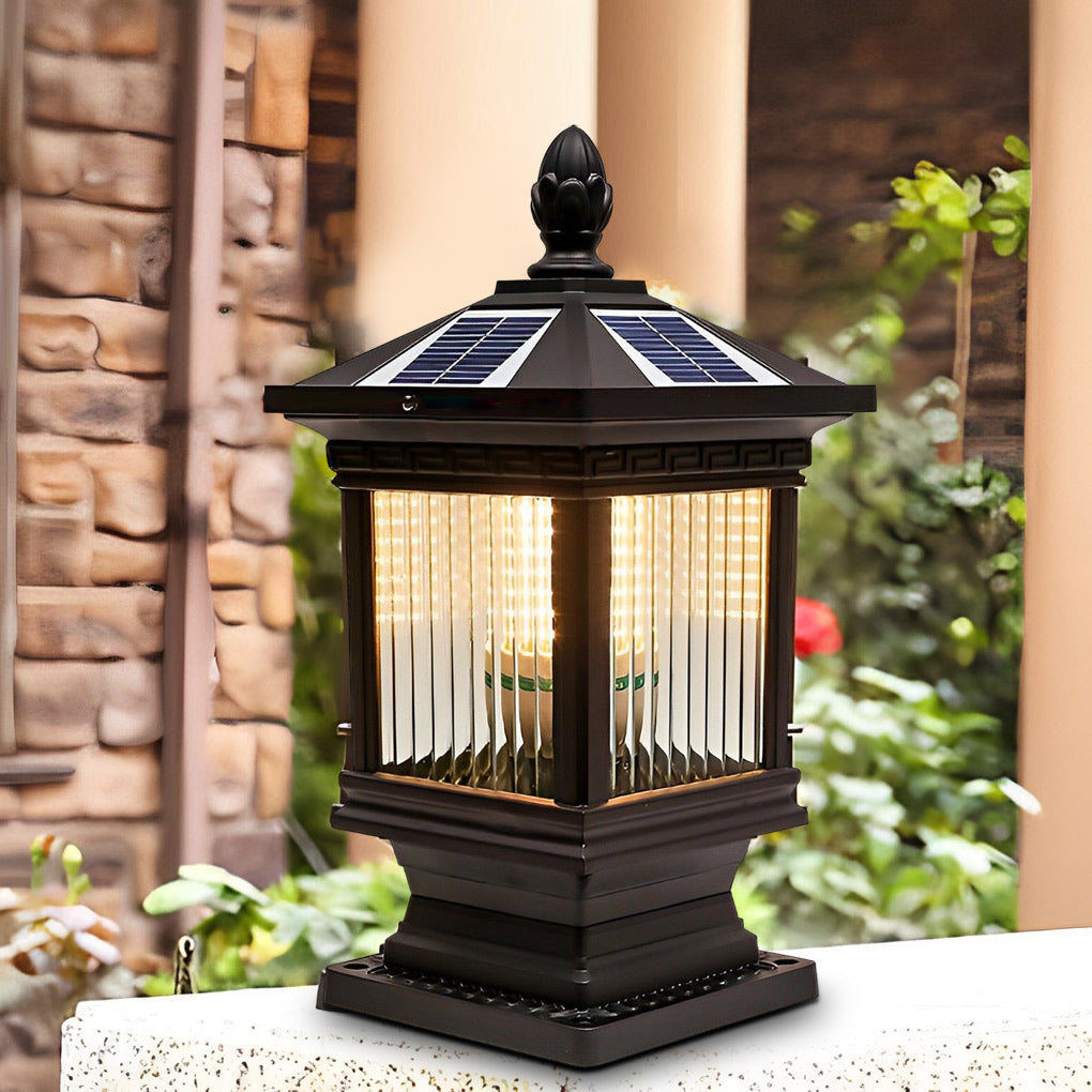 Retro Grille Glass Outdoor Solar Fence Post Light