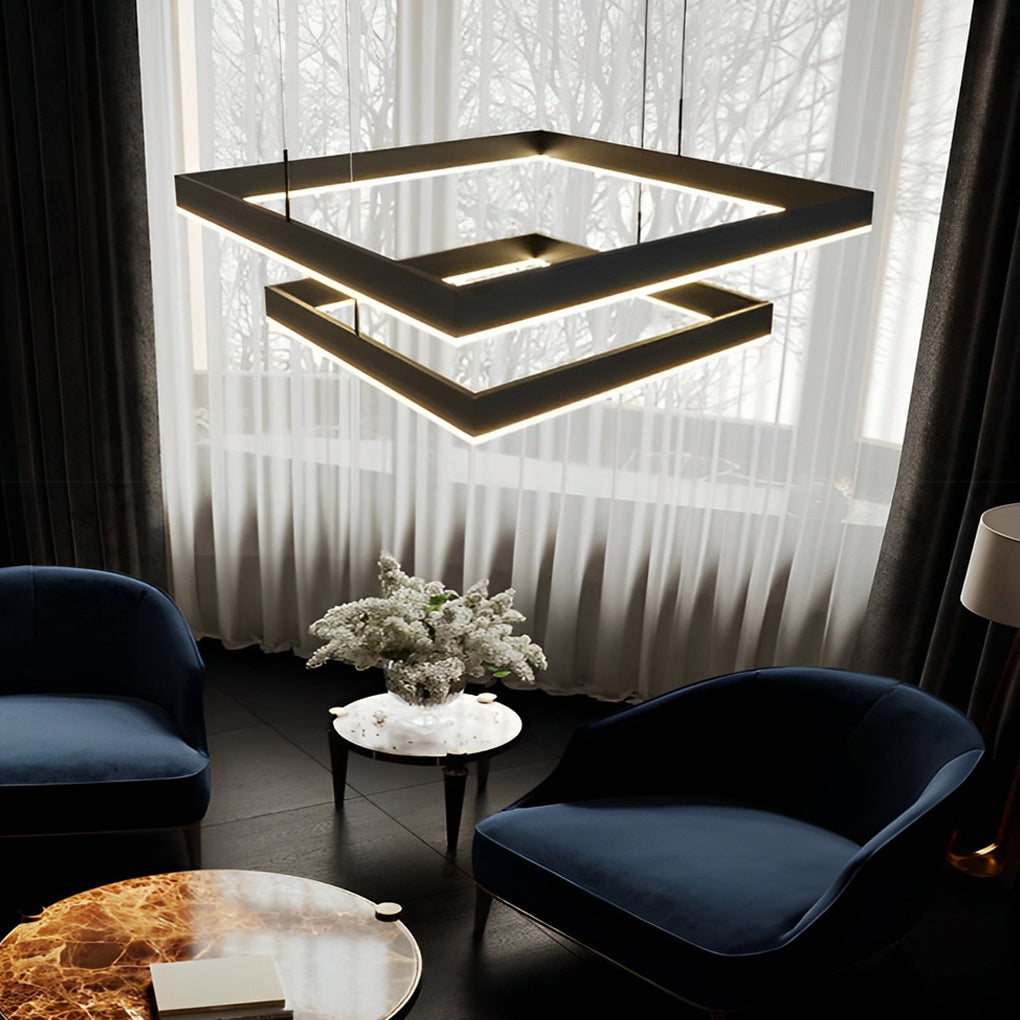 Modern Square LED Chandelier Black Aluminum Dimmable Remote Control