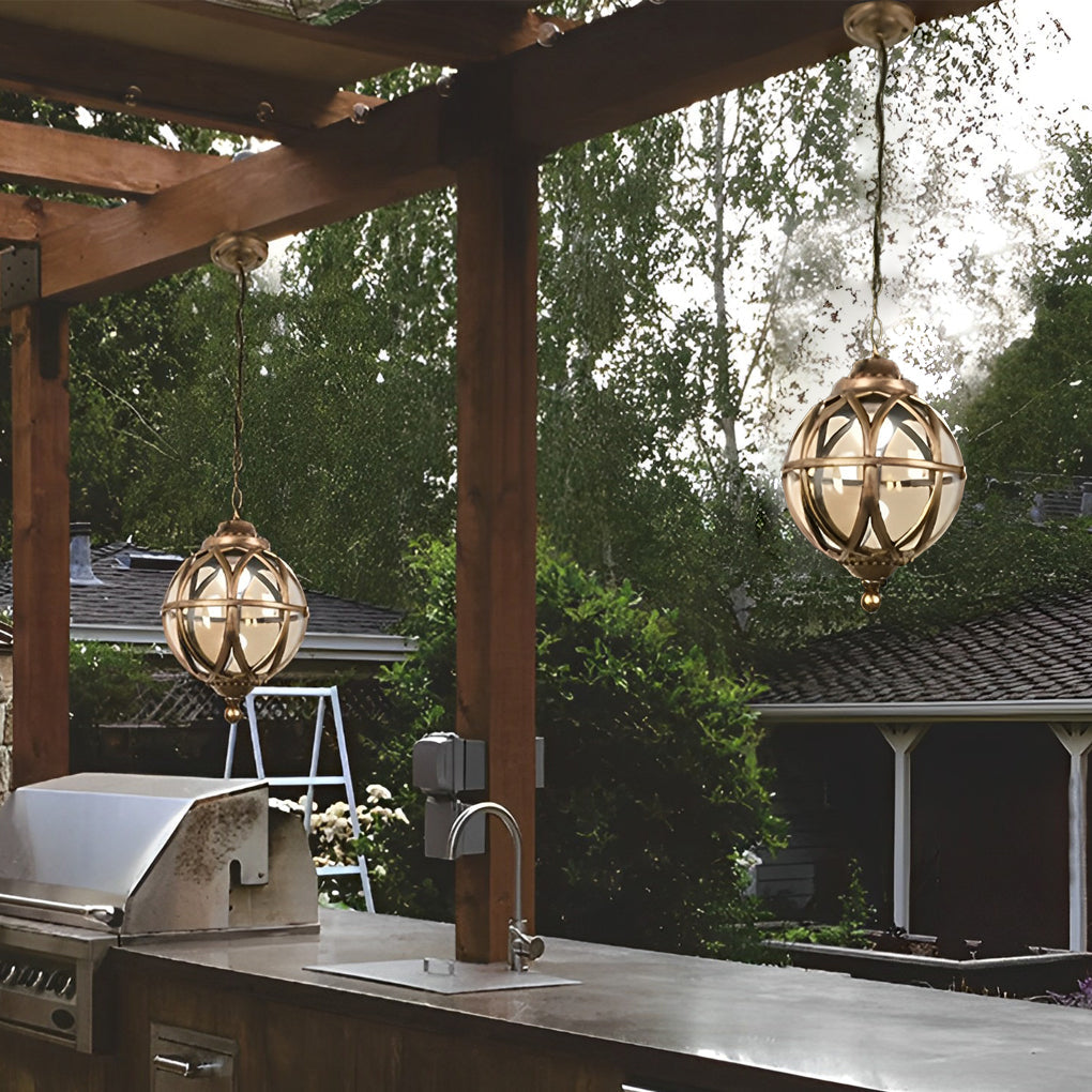 Retro Aluminum Glass Ball Pendant Outdoor Ceiling Light
