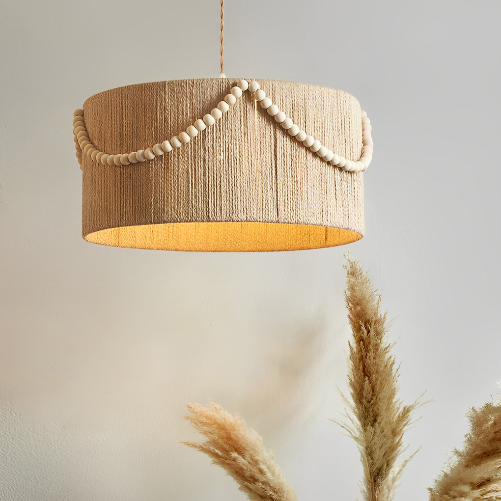 Boho Hemp Rope Pendant Light with Wooden Bead Tassels