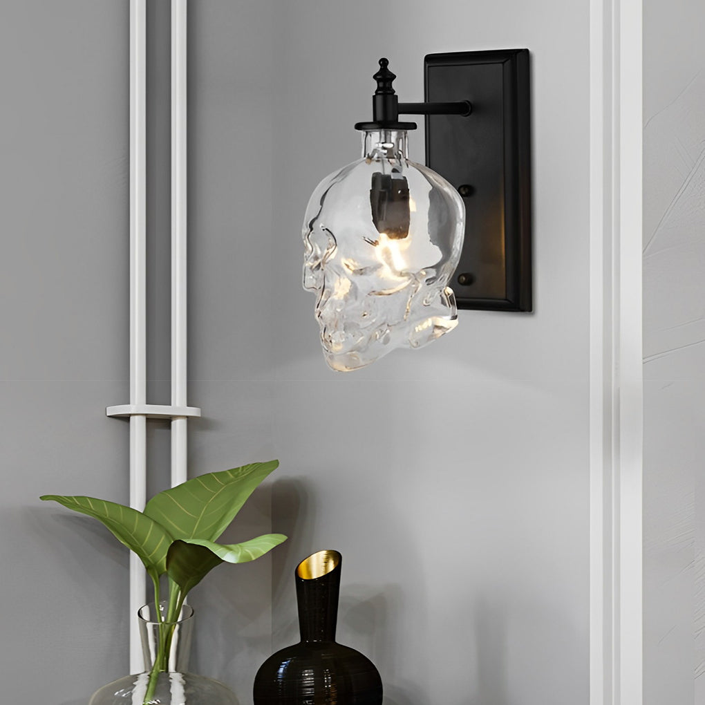 Skull Head Glass Wall Sconce – Industrial Black Iron LED Lamp