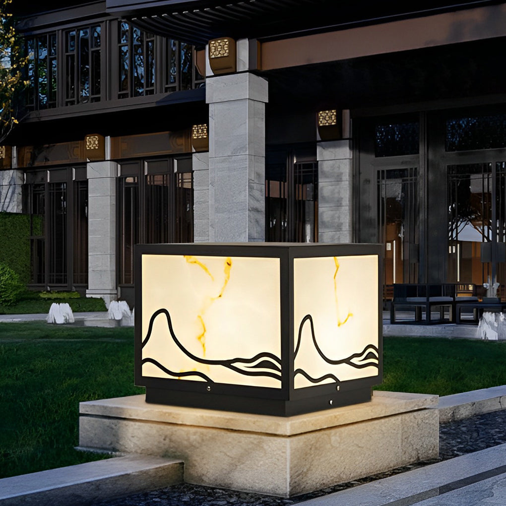Modern Solar LED Post Cap Light with Mountain Scenery Design
