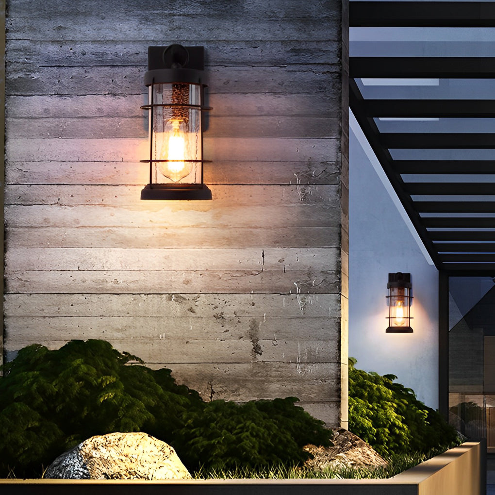 Black Iron Glass Lantern Outdoor Wall Light Retro Modern