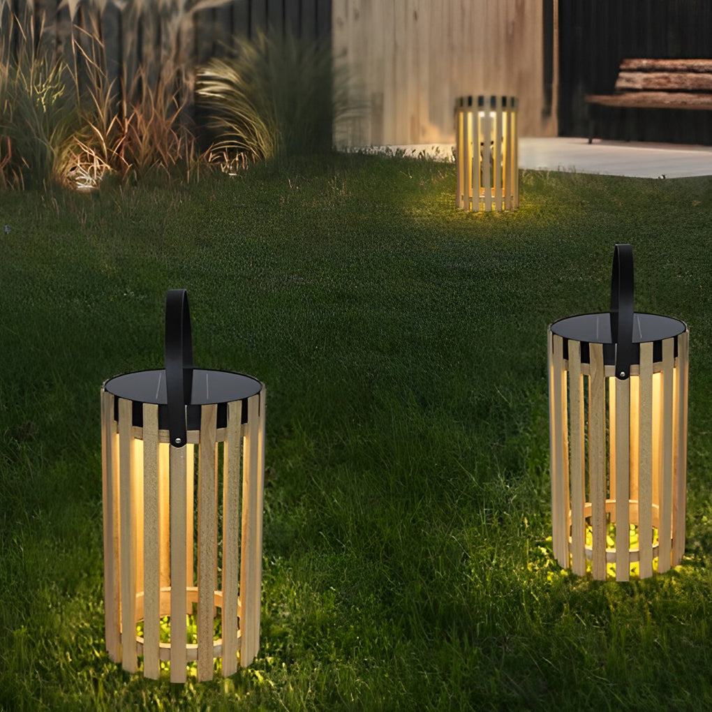 Solar Wooden Lantern Floor Lamp with Aluminum Handle - Waterproof