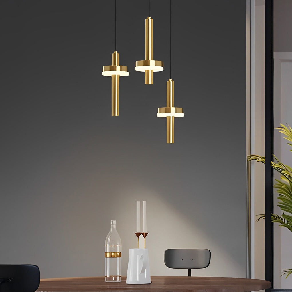Modern Cylindrical Pendant Light Gold Copper Wood LED Fixture