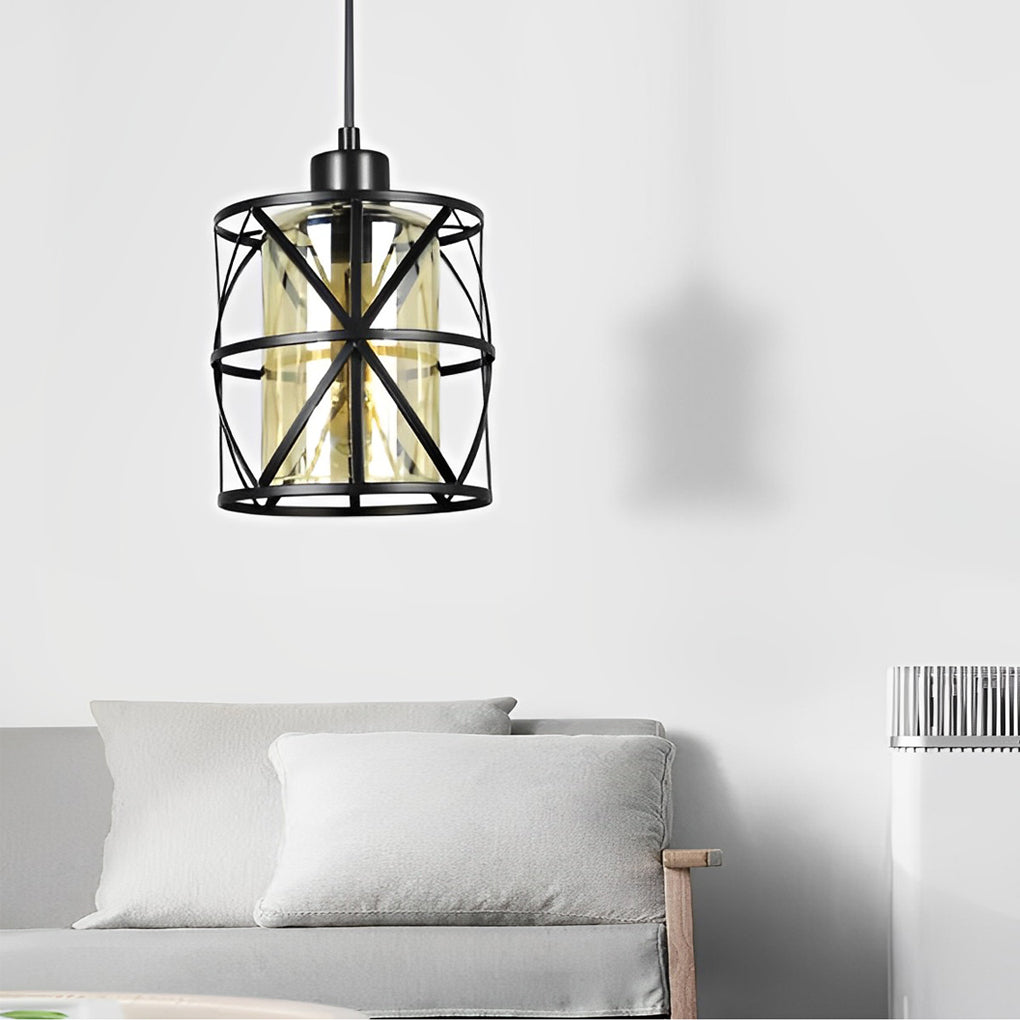Industrial Black Iron Glass Cage Pendant Light