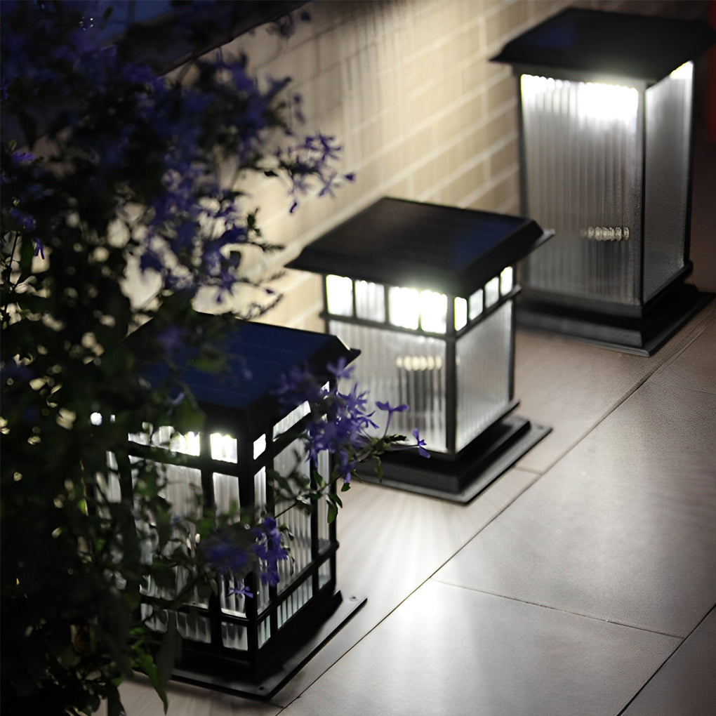 Modern Glass Solar Fence Post Light - Matte Black Aluminum Outdoor