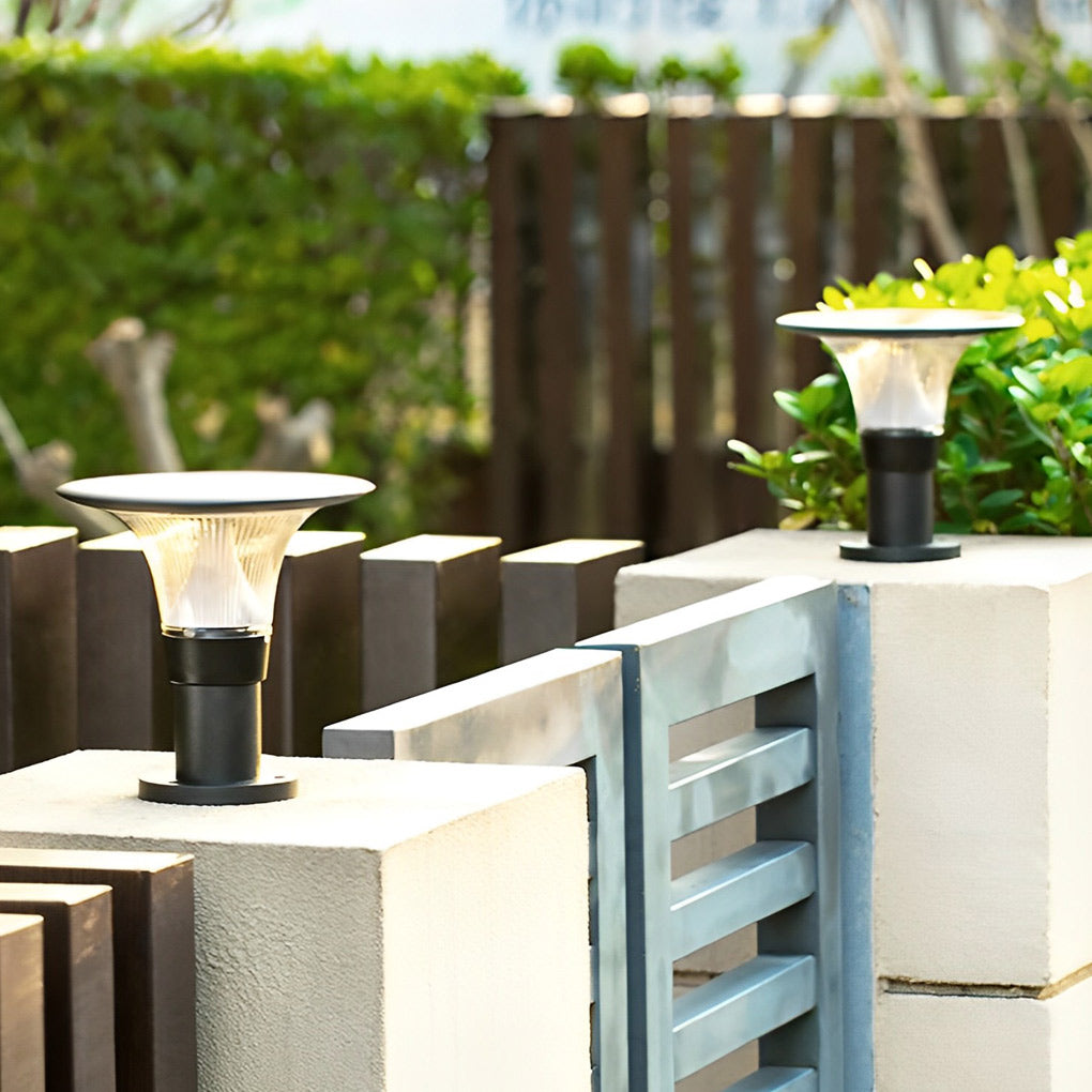 Round Solar Fence Post Light - Modern Black Aluminum Outdoor Pillar