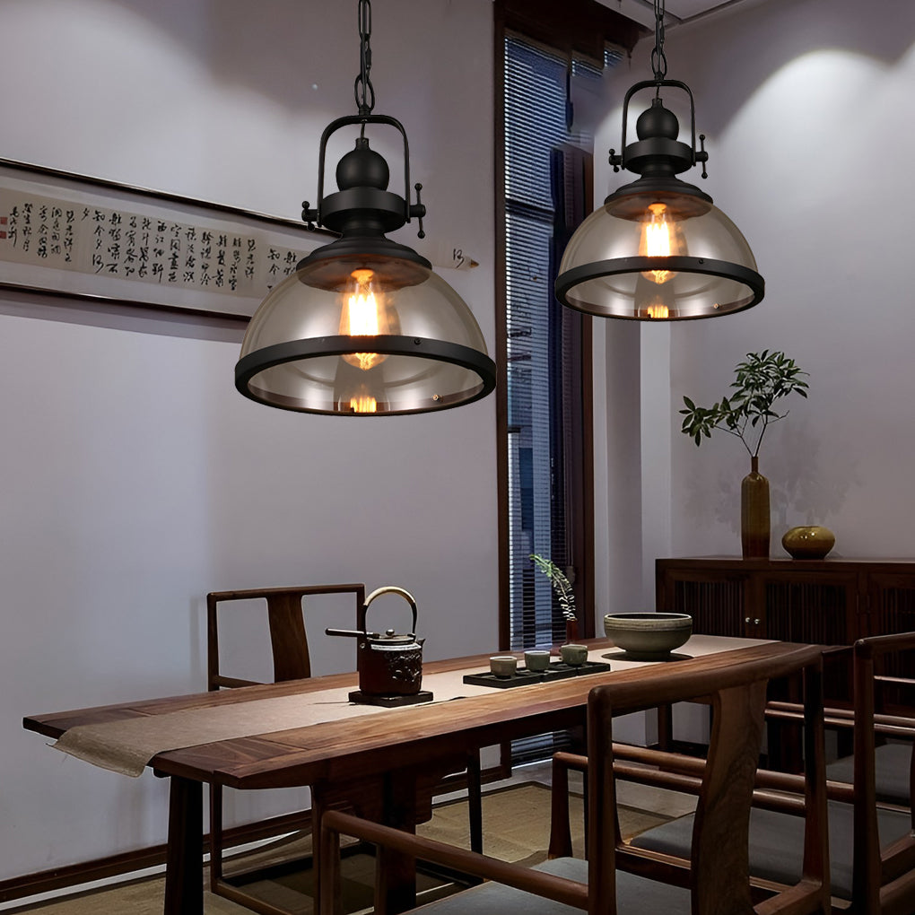 Industrial Glass Bowl Pendant Light Black Iron Ceiling Lamp