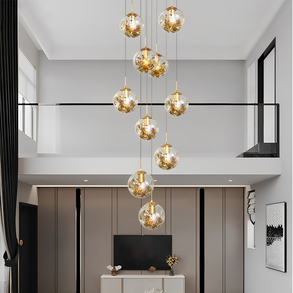 Cognac Glass Globe Modern Staircase Chandelier