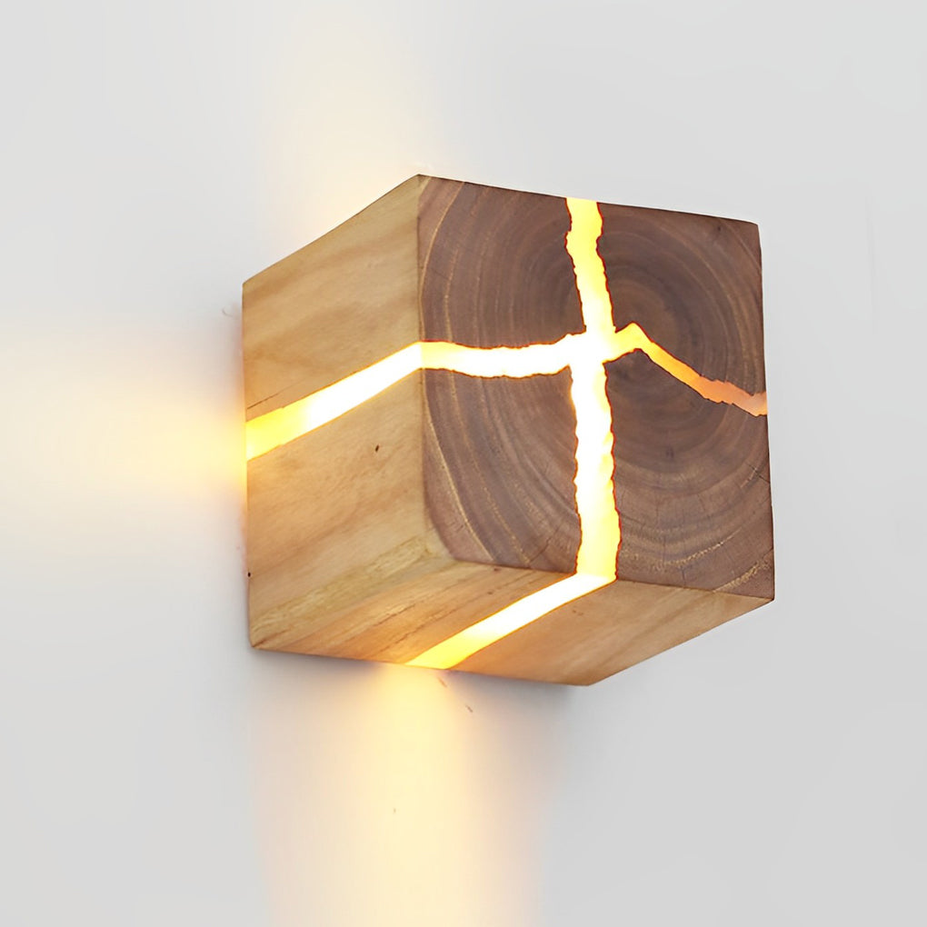 Rustic Wood Grain Square Wall Sconce with Cracked Design