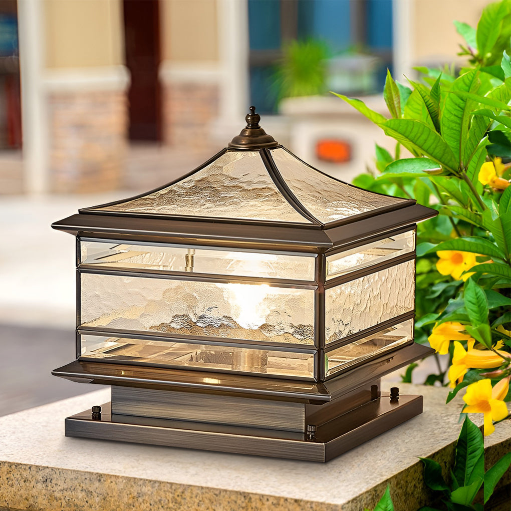 Vintage Copper Post Light with Tempered Glass Shade - Outdoor