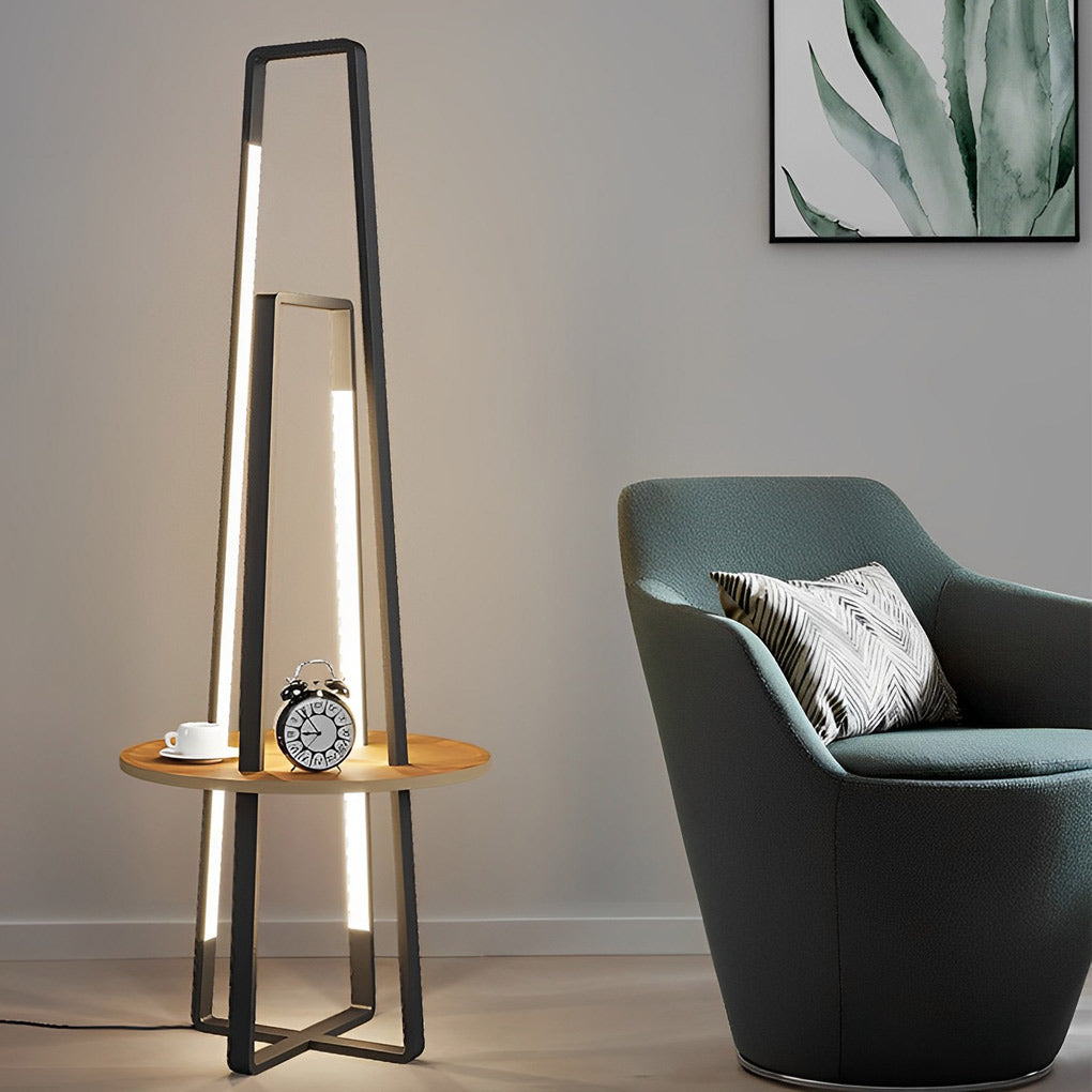 Modern LED Floor Lamp with Wooden Tray – 63" Tall Metal Stand