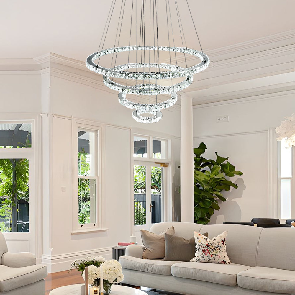 4-Tier Crystal Ring Chandelier - Modern LED Pendant Light