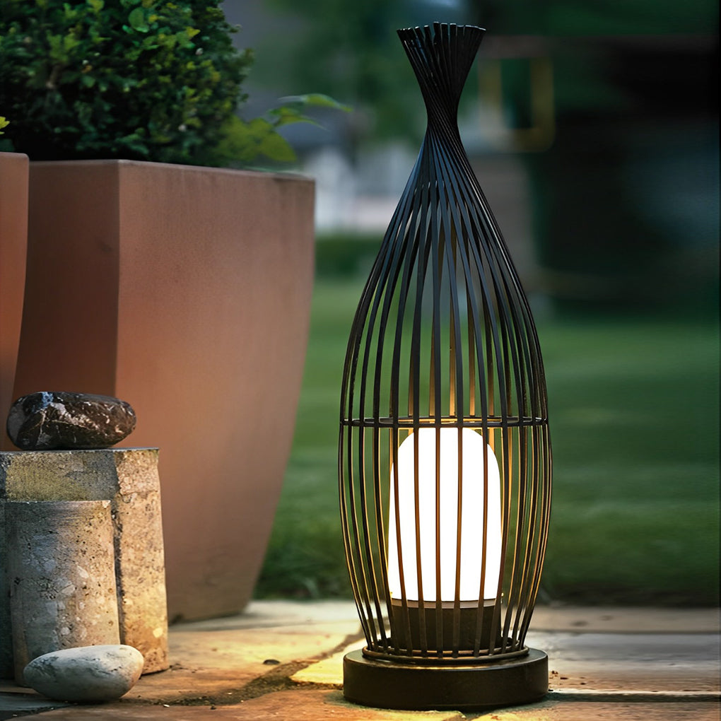Industrial Caged Outdoor LED Floor Lamp - Waterproof Black Metal