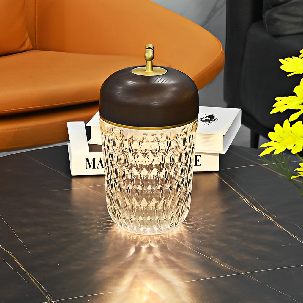 Crystal Glass Cup Table Lamp with Wooden Lid - Rechargeable LED