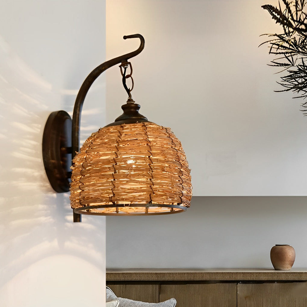 Hand-Woven Rattan Rustic Wall Sconce with Iron Frame