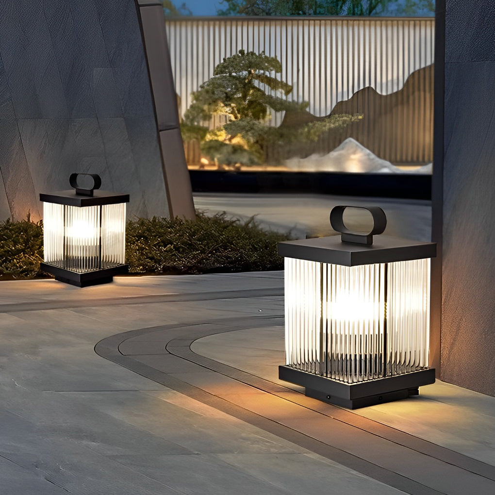 Square Rippled Glass Solar Lantern with Waterproof Black Finish