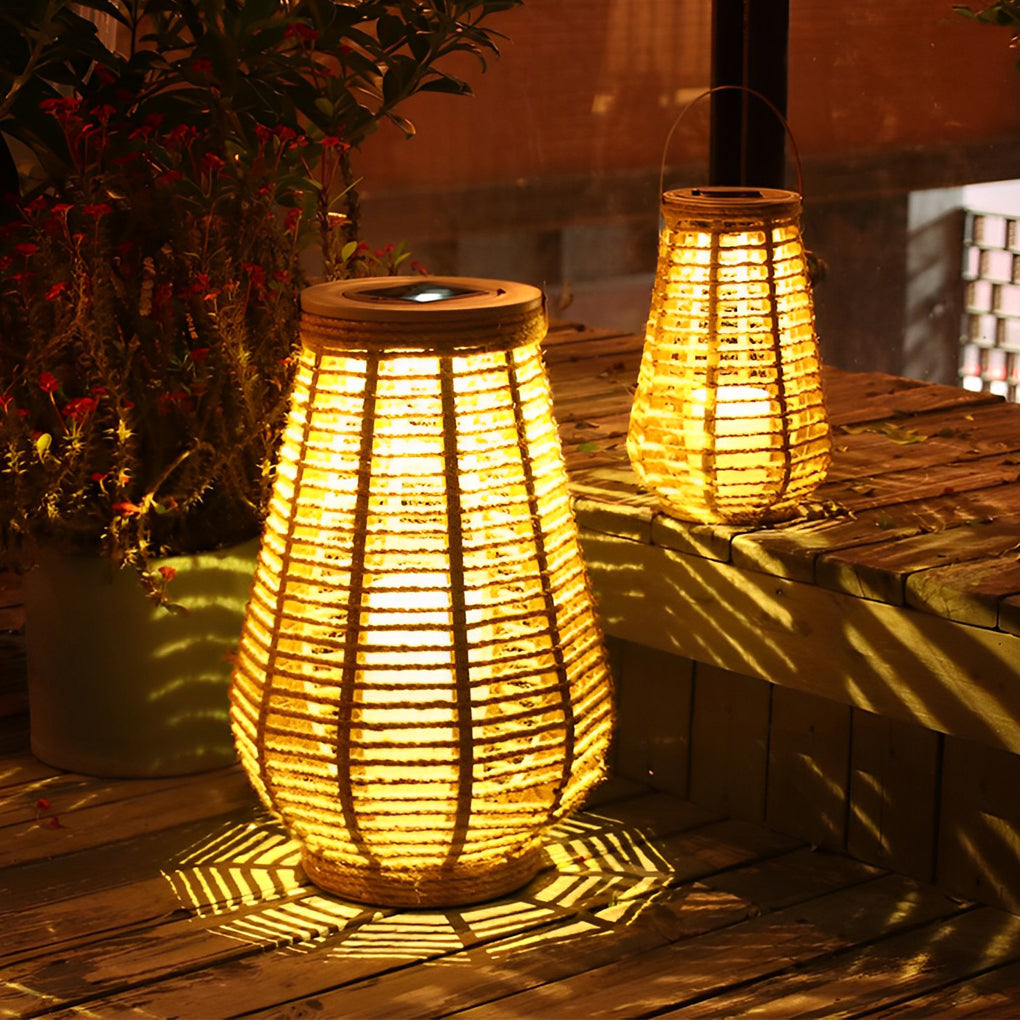Rustic Rattan Solar Lantern – Portable Waterproof Outdoor LED Lamp