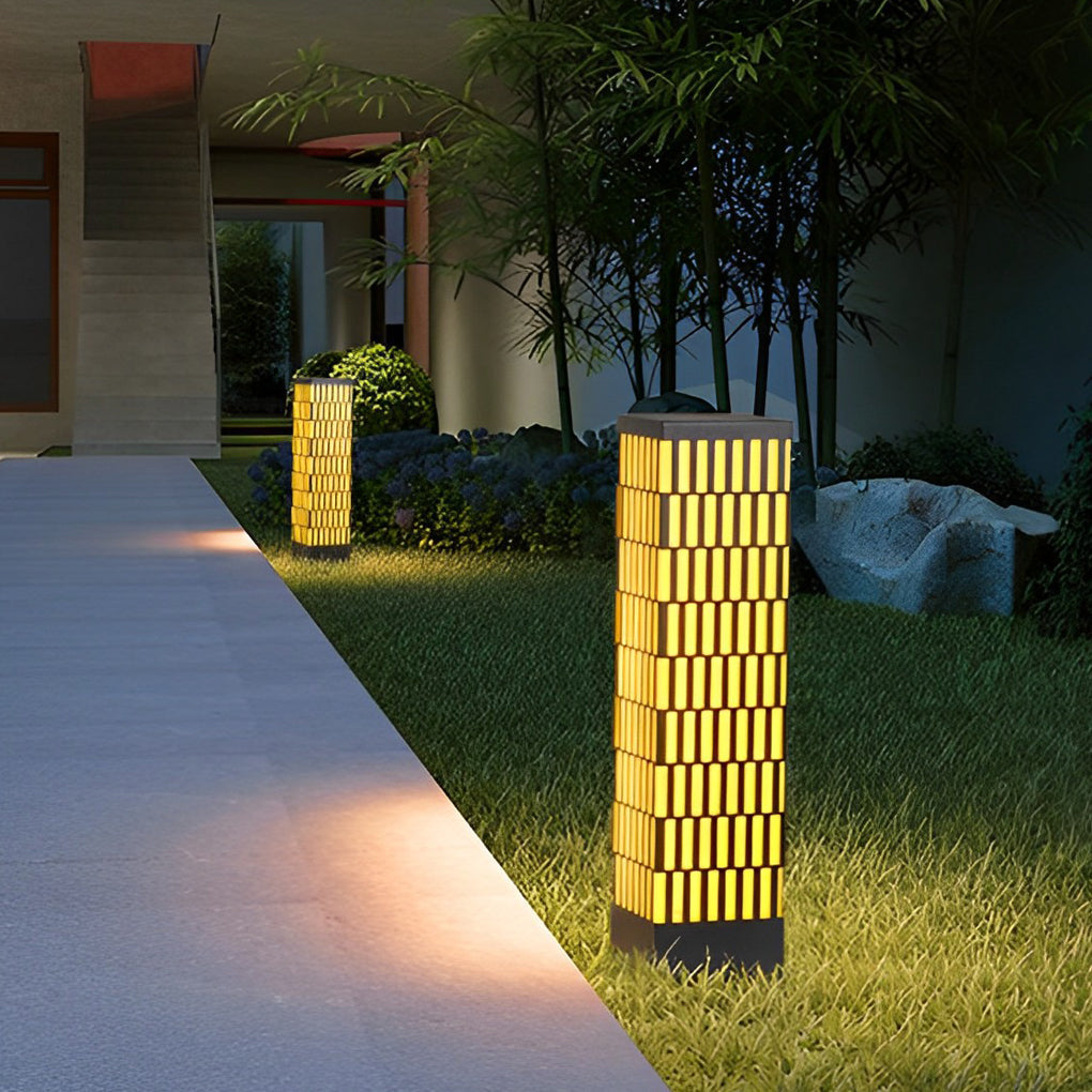 Modern Grid LED Outdoor Bollard Light Black Waterproof Lawn Lamp