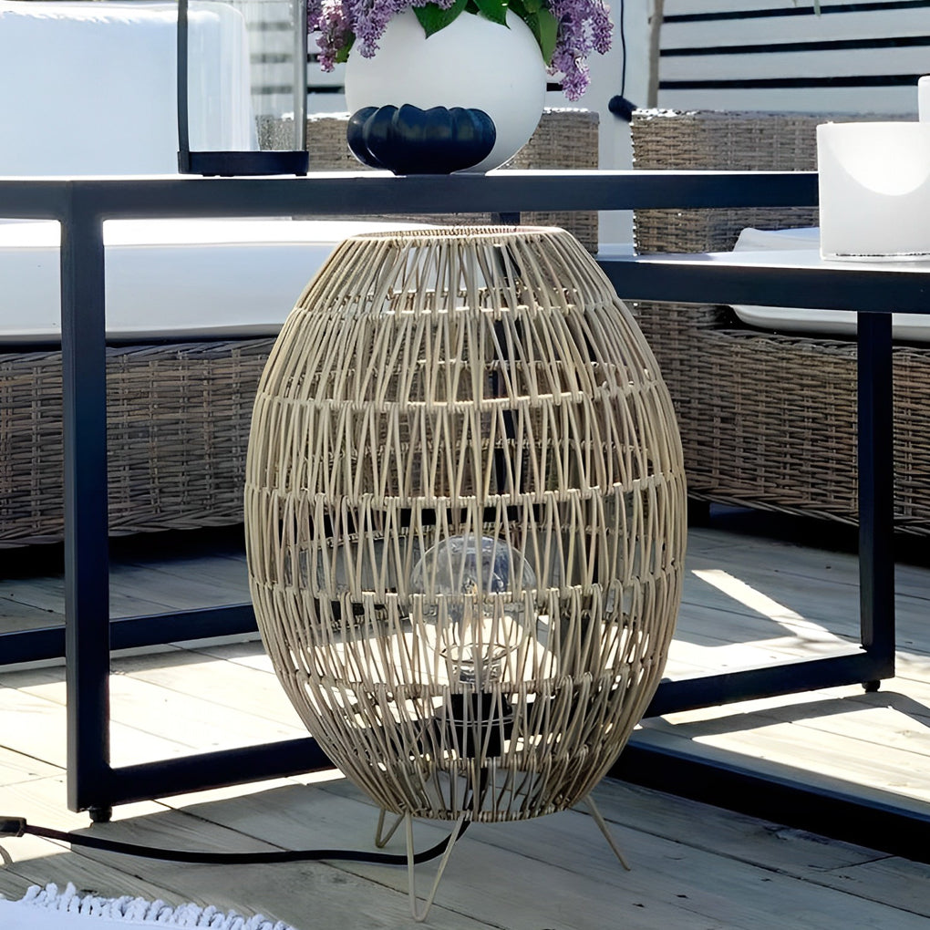 Handwoven Rattan Oval Cage Outdoor Floor Lamp - Rustic Modern
