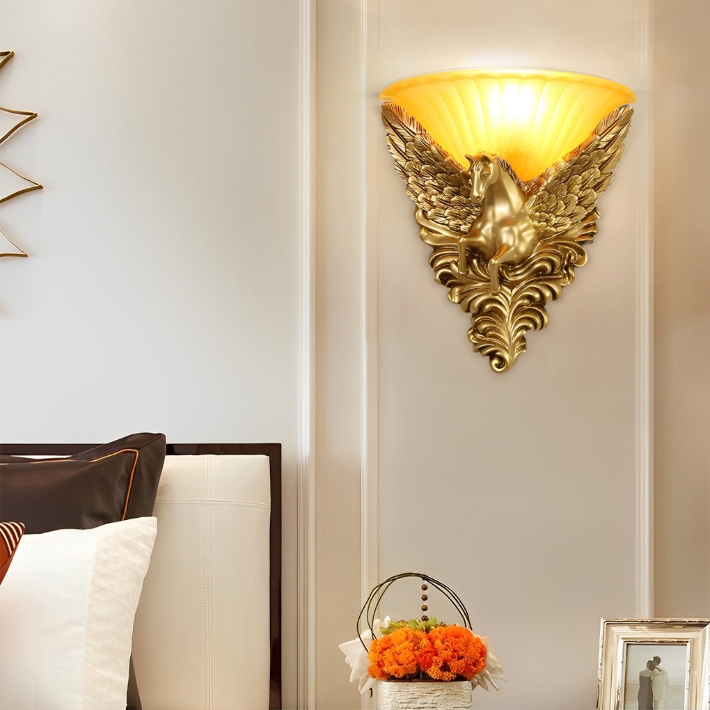 Horse Head Resin Wall Sconce with Frosted Glass Shade – Gold Finish