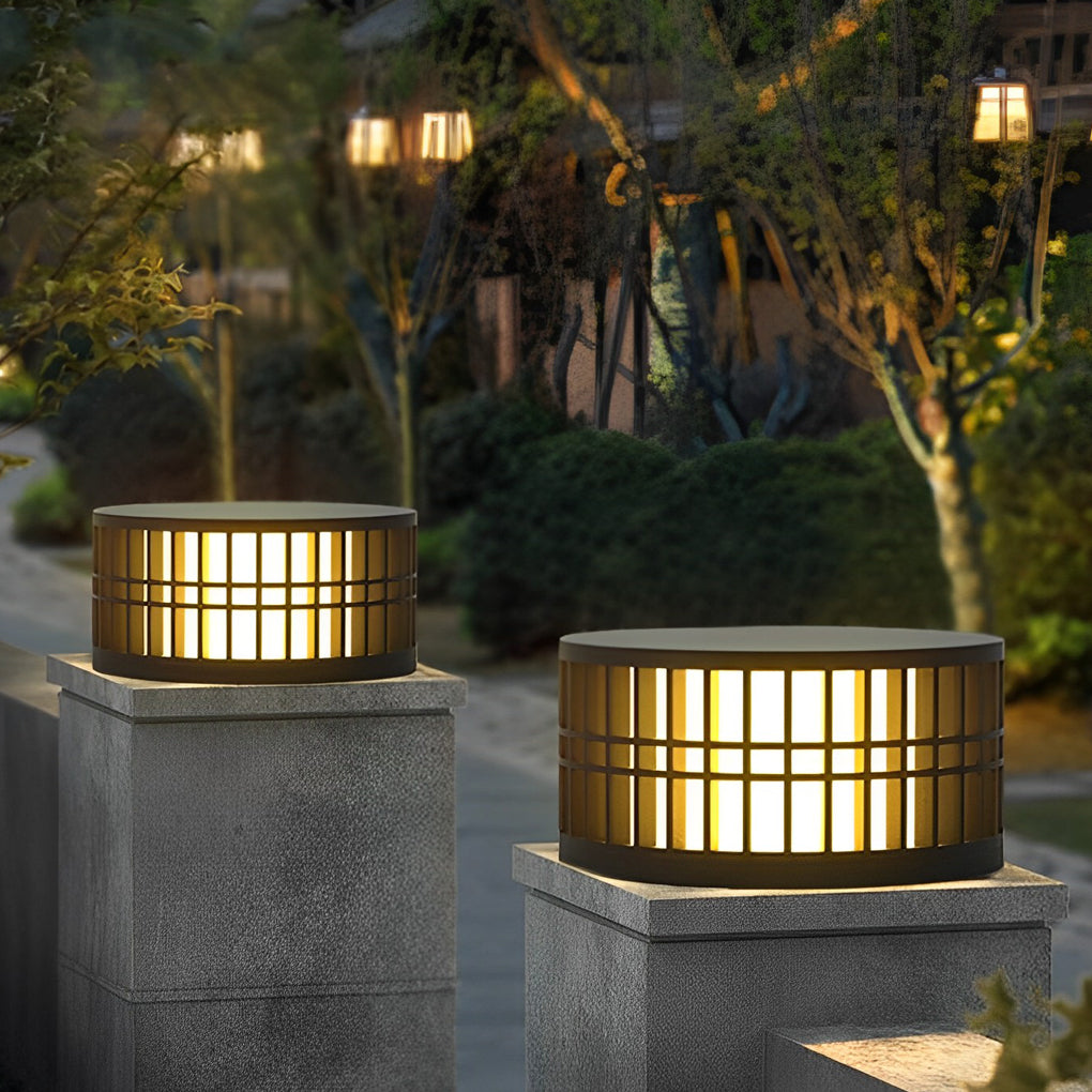 Modern Round Solar LED Outdoor Post Light - Black Stainless Steel