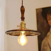Vintage Glass Pendant Light with Brass Hardware and Wooden Detail