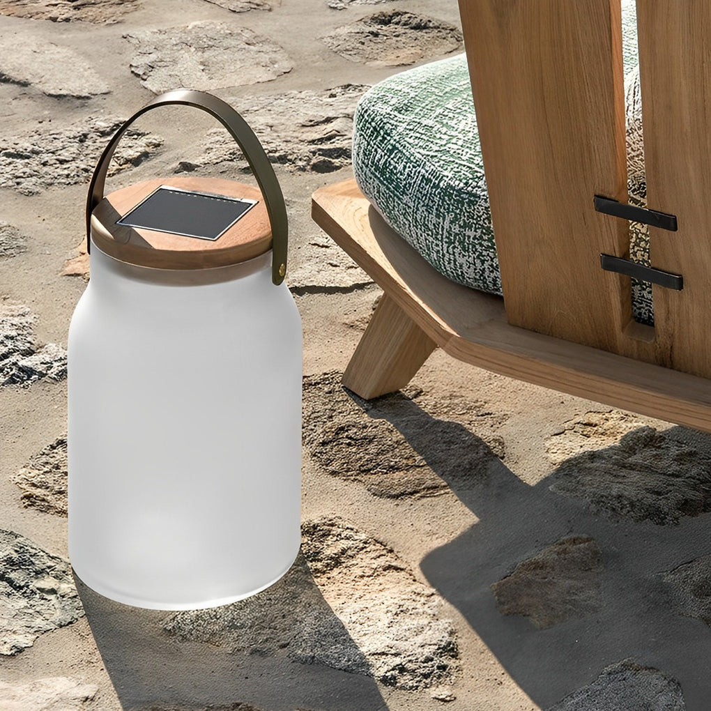 Solar LED Outdoor Lantern - Teak Wood & Glass Jar Design