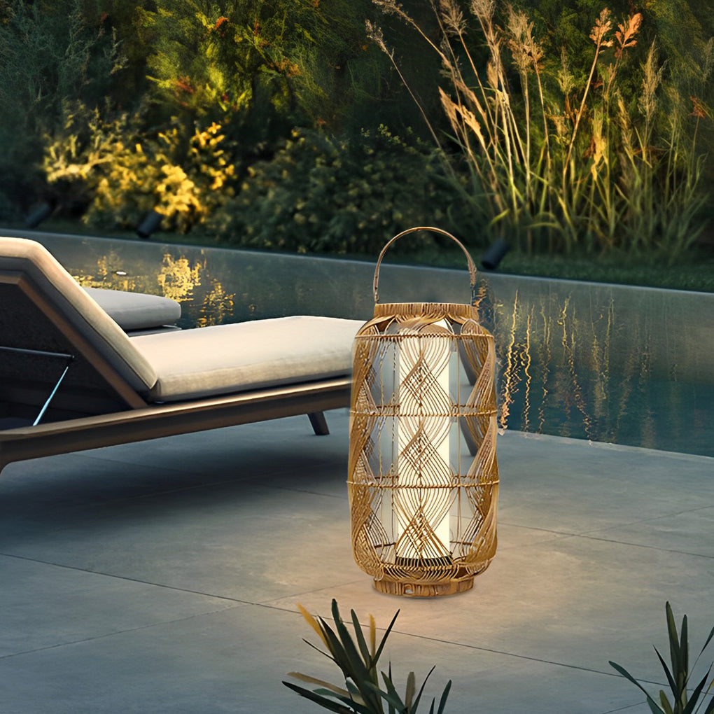 Rattan Solar Floor Lamp with Portable Handle for Outdoor Garden