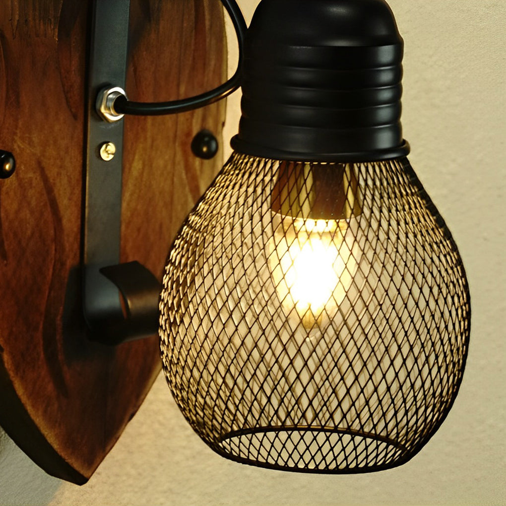 Industrial Wood & Iron Mesh Wall Sconce - Black E27 Fixture